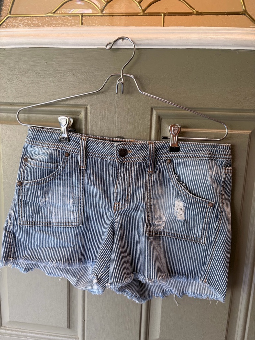 Jessica Simpson Blue & White Striped Distressed Jean Shorts
